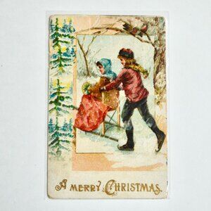 1909 Antique A Merry Christmas Postcard Boy Girl Skating Chair
